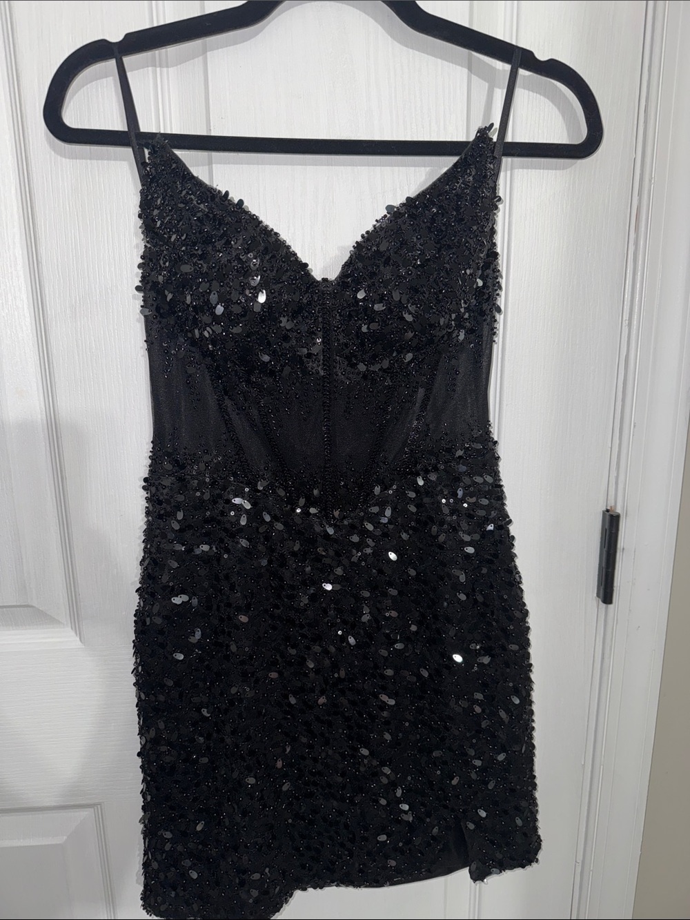 Sherri Hill Black Sequin Spaghetti Strap Mini Dress